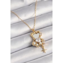 Ramia 316L Çelik Gold Renk Zincir Ayna Ayıcık Model Zirkon Taşlı Kalp Model Kadın Kolye - TJ-BKO9626