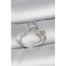 Ramia Pirinç Gümüş Renk Zirkon Taşlı Deniz Kabuğu Model Ayarlanabilir Kadın Yüzük - TJ-BYK3740