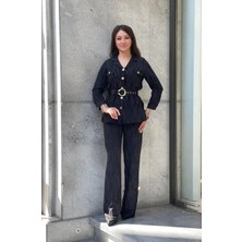 Modatalika Trend Kadın Siyah Kendinden Desenli Kemerli ve Altın Düğmeli Pantolonlu Ikili Takım