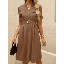 Ayşegul Hediyelik Kadın Kısa Kollu Düğmeli ve Kemerli Atlas Elbise