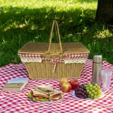 Bucuks® 2 Kapaklı Dikdörtgen Plastik Rattan Piknik Sepeti - Doğal Hasır Görünümlü Çok Amaçlı Piknik, Plaj ve Bahçe Sepeti