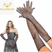 NW NessiWorld Siyah Renk Incili Elmas Işlemeli File Örgü Uzun Eldiven 45 cm