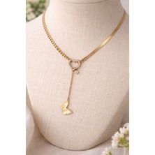 Altın Renk Y Model Kalp ve Kelebek Detaylı Çelik Kolye