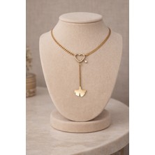 Altın Renk Y Model Kalp Detaylı Çelik Kolye