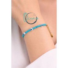 El Yapımı Doğal Sedef Nazarlıklı Kadın Bileklik Paslanmaz Çelik Zincir, Turkuaz Boncuk Tasarım