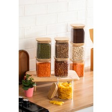 Porsima 407 8li Kare 900 ml Bambu Vakumlu Kapaklı Cam Kavanoz Seti Saklama Kabı 10X12CM