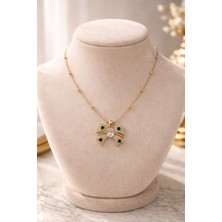 Altın Renk Fiyonk Figürlü Taşlı Çelik Kolye