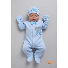 Trend Bebe Butik Erkek Bebek Hastane Çıkışı Tulum Seti 3 Parça Mavi Taç Nakışlı Pamuklu Bebek Tulumu,şapka,eldiven