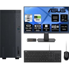 Asus Expertcenter P500MV Intel Core 7 240H 64GB 512GB SSD RTX5050/8GB 27" Fhd Monitör W11P Masaüstü Bilgisayar & Per4 USB Bellek P500C724016512B0DP1013