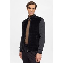 Deriderim Siyah Diego Fermuarlı Triko Kol ve Yaka Çıt Çı Tokalı Astarlı Erkek Hakiki Süet Mont