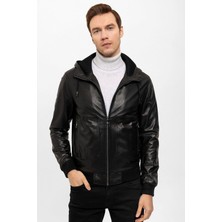 Deriderim Siyah Clint Sabit Kapüşonlu Kol ve Bel Trikolu Astarlı Fermuarlı Erkek Hakiki Deri Mont