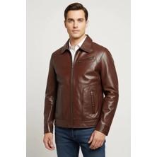 Deriderim Kahverengi Kim Gömlek Yaka Fermuarlı Göğüs Cepli Erkek Hakiki Deri Ceket