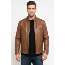 Deriderim Tarron Taba Kısa Fermuarlı Erkek Hakiki Deri Mont