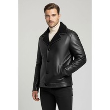 Deriderim Karl Siyah Parlak Kuzu Kürk Yaka Düğme Kapamalı Erkek Hakiki Deri Mont