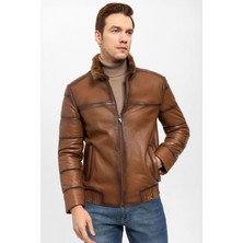 Deriderim Taba Dielo Fermuarlı Beli Deri Lastikli Erkek Hakiki Kürk Kaban