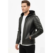 Deriderim Siyah Peter Erkek Kapüşonlu Kürklü Fermuarlı Sıcak Tutar Hakiki Deri Mont