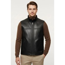 Deriderim Siyah Everest Hakiki Deri Detaylı Erkek  Yelek