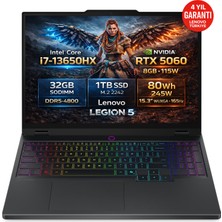 Lenovo Legion 5 15IRX10 Intel Core I7-13650HX 32GB 1TB SSD RTX 5060 8GB 15.3" WUXGAA (1920X1200) IPS 165Hz 115W Freedos Taşınabilir Bilgisayar 83LY00PYTR