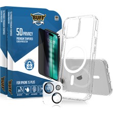 Buff Labs Buff iPhone 15 Plus Avantaj Paket - 2X5D Ekran Koruyucu + Magsafe Kılıf + Lens Koruyucu Privacy