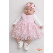Trend Bebe Butik Kız Bebek Mevlüt Elbisesi Seti Dantel Işlemeli Pembe Bebek Elbisesi,4parça Yenidoğan Özel Gün Elbise