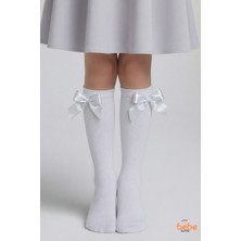 Trend Bebe Butik Kız Çocuk Dikişsiz Diz Altı Uzun Çorap Simli Saten Kurdeleli Şık Pamuklu Özel Gün,okul Çorabı
