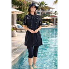 Alfasa Hızlı Kuruyan Paraşüt Kumaş Önden Fermuarlı Şapkalı Yarım Kollu Taytlı Kadın Mayo 26713