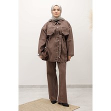 Tesettür Dünyası Kemerli Denim Takım TSD250231 Sütlü Kahve
