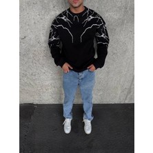 Glam Love Yıldırım Baskılı Bisiklet Yaka Sweatshirt - Siyah