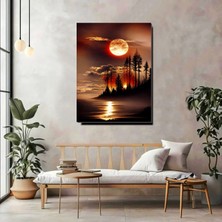 Artprinta Gün Batımı Manzara Kanvas Tablo – Ay Işıklı Orman ve Göl Modern Duvar Dekoru