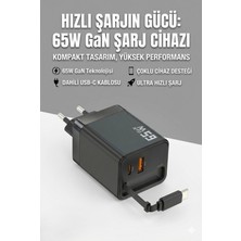 Karahanbey 65W Süper Hızlı Şarj Cihazı | Dahili Type-C Kablo | Usb-C & Usb-A Çıkış | Çoklu Cihaz Desteği