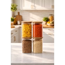 Porsima 4395 4lü Kare 1100 ml Bambu Vakumlu Kapaklı Cam Kavanoz Seti Saklama Kabı 10X15CM