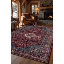 Kilim Home Anadolu Motifli Kırmızı Turkuaz Otantik Kaymaz Tabanlı Salon Halısı