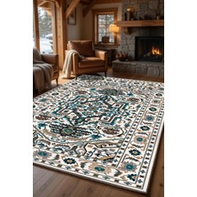 Kilim Home Krem Turkuaz Vintage Desenli Kaymaz Taban Salon Halısı