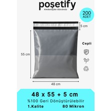 Poşetify Cepli Kargo Poşeti | 48x55x5 cm | 200 Adet | Gri | 80 Mikron | Büyük Boy | Kalın | İç Göstermez