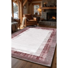 Kilim Home Modern Bordo Çerçeve Desenli Kilim – Minimal Salon Halısı, Kaymaz Taban