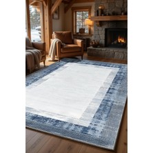 Kilim Home Modern Mavi Çerçeve Desenli Kilim – Minimal Salon Halısı, Kaymaz Taban, Dekoratif Tasarım