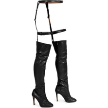 AGM Burju Jartiyer Kemerli Diz Üstü Kapalı Burunlu Dans Çizmeleri (Sokak Tabanı) , Kapalı Burunlu Jartiyer Kemerli Diz Üstü Çizme