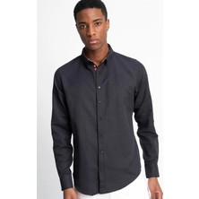 Tudors Erkek Slim Fit Dar Kesim Uzun Kollu Pamuklu Oxford Doku Lacivert Düğmeli Yaka Gömlek