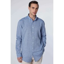 Tudors Erkek Slim Fit Dar Kesim Uzun Kollu Keten Premium Seri Düğmeli Yaka Spor Mavi Gömlek