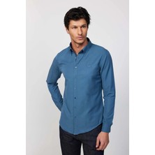 Tudors Erkek Slim Fit Dar Kesim Uzun Kollu Pamuklu Oxford Doku Petrol Renk Düğmeli Yaka Gömlek