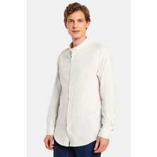 Tudors Erkek Slim Fit Dar Kesim Uzun Kollu %100 Pamuk Keten Doku Hakim Yaka Gri Gömlek