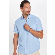 Tudors Erkek Regular Fit Klasik Kesim Oversize %100 Pamuk Keten Doku Cepli Mavi Gömlek