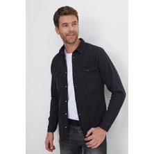 Tudors Erkek Slim Fit Dar Kesim Uzun Kollu denim Kot Çift Cep Çıtçıtlı Siyah Gömlek