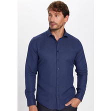 Tudors Erkek Slim Fit Dar Kesim Uzun Kollu Pamuklu Kolay Ütü Armürlü Lacivert Gömlek