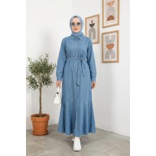 Kadın Düğmeli Kuşaklı Açık Kot Mavi Elbise