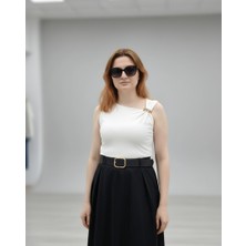 Gizelia Gold Broş Detaylı Asimetrik Bluz