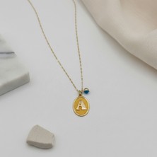 Diamine Pırlanta 14 Ayar Altın A Harf Nostaji Oval Nazarlı Plaka Kolye ( Tüm Harfler Yazılır )