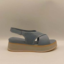 Ametist Athena Mavi Deri Dolgu Topuk Sandalet