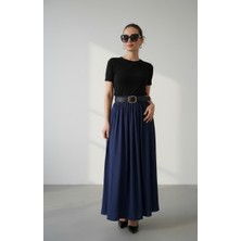 Gizelia Lacivert Maxi Boy Deri Kemerli Lacivert Etek