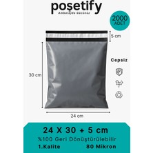 Poşetify Cepsiz Kargo Poşeti | 24x30x5 cm | 2000 Adet | Gri | 80 Mikron | Küçük Boy